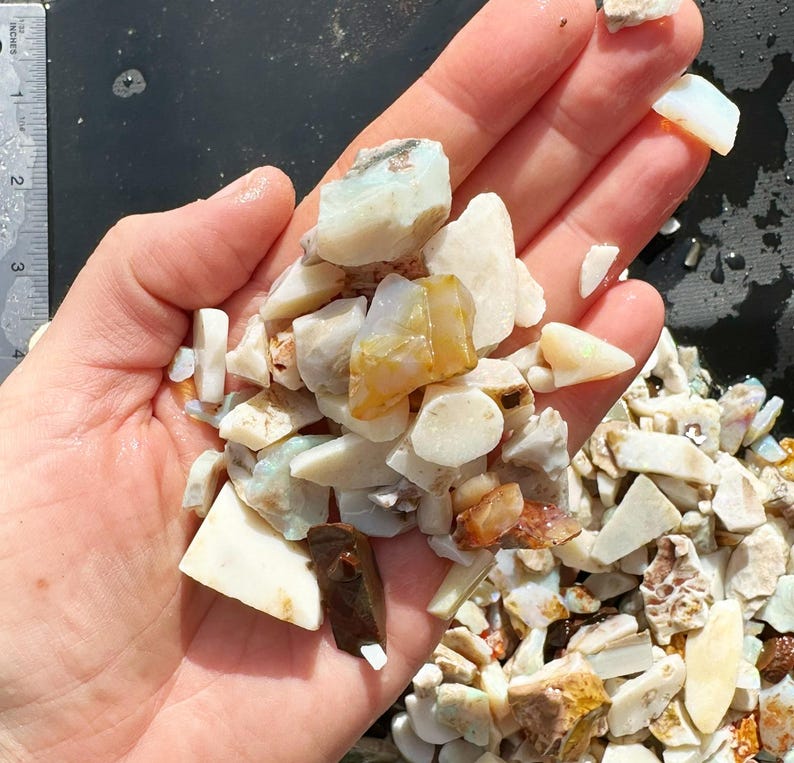 K&ouml;nnte beinhalten: Nahaufnahme einer Handvoll roher Opal-Edelsteine in verschiedenen Formen und Gr&ouml;&szlig;en. Die Opale zeigen eine Mischung aus milchigem Wei&szlig;, durchscheinenden und goldenen Farbt&ouml;nen. Einige St&uuml;cke weisen ein leichtes Schillern auf.