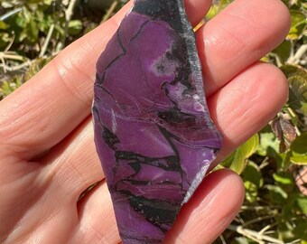 May include: A hand holds a polished, irregularly shaped stone. The stone is a deep purple colour, with striking black veining. The surface is smooth and reflective, showing off the natural patterns. The stone's unique shape and colour make it stand out.