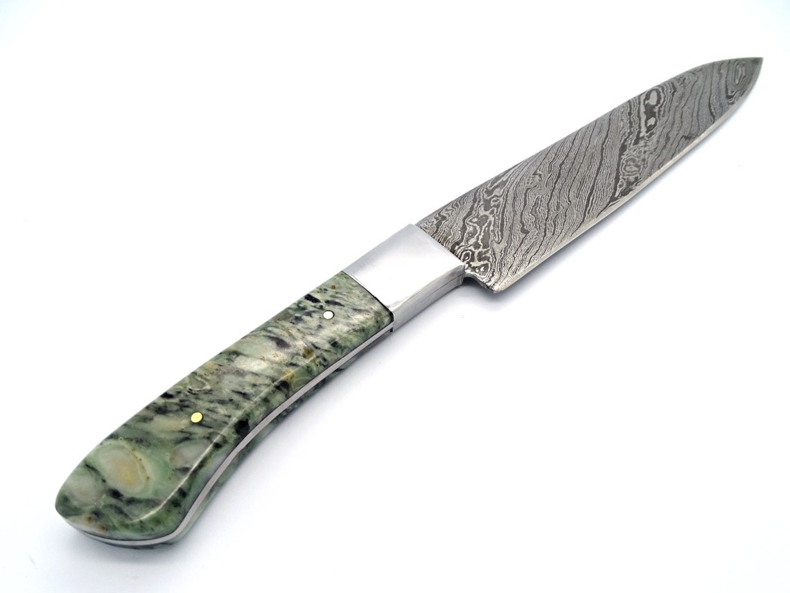 Damascus Kitchen Knife Green Handle, Chef Knife Gemstone Handle, Unique