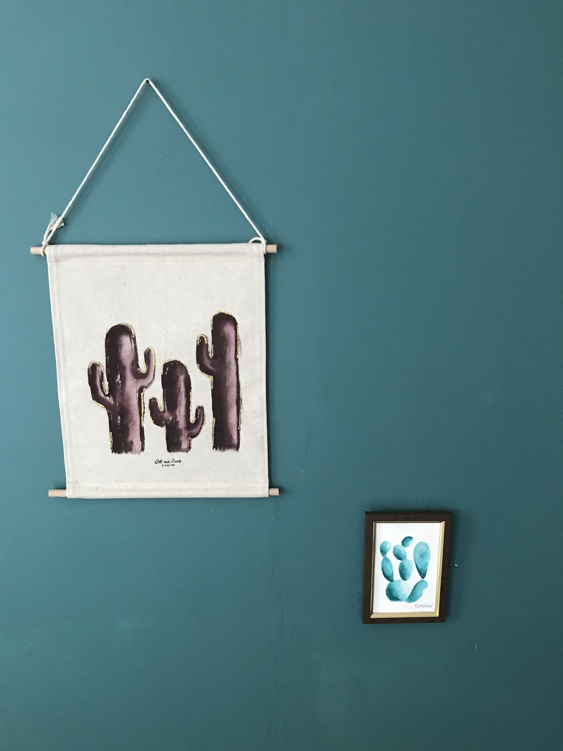 Tenture Murale Coton/ Cactus Bordeaux Doré/Tableau Textile Déco Jungle Décoration Tenture Cactus