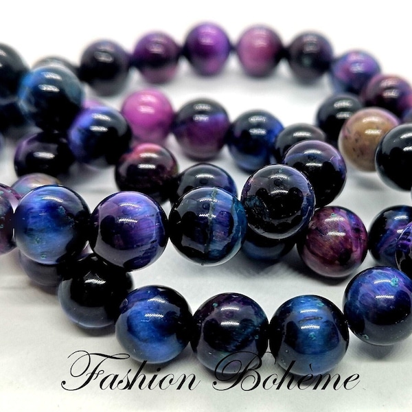 x 20 perles rondes œil de tigre bicolore bleu violet grade A 6 / 8 MM