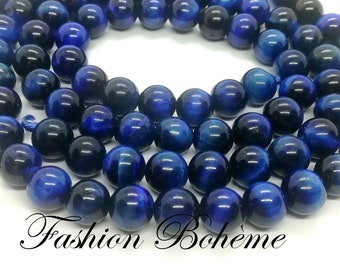 X 1 brin perles rondes œil de tigre bleu 6/8 mm (8 mm x 48 perles)(6 mm x 60 perles).