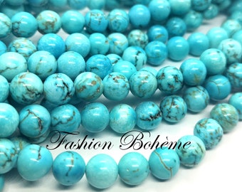 x 1 brin Perles naturelles Turquoises bleu  (45 perles 8 mm ) (60 perles 6 mm)