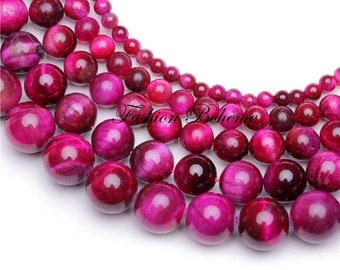 X 1 brin d'œil de tigre Magenta Rose A+ (6 mm x 60 perles)(x 8 mm 48 perles)