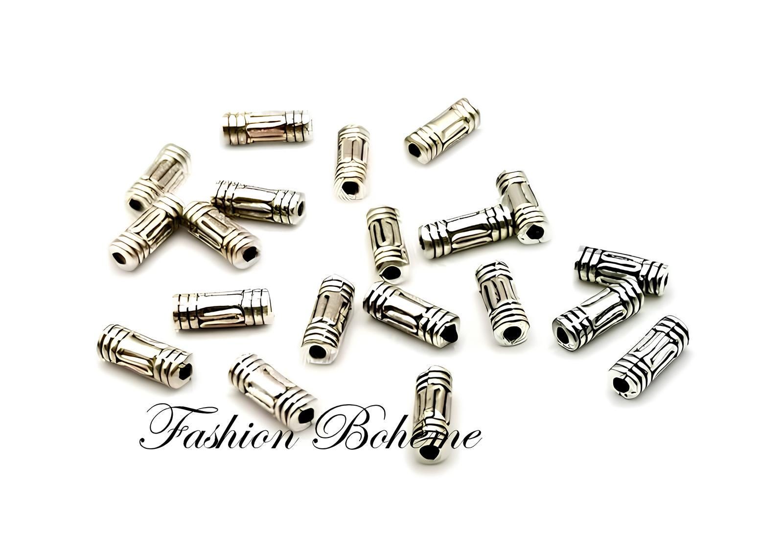 Lot De 5 Perles Tubes En Argent Tibétain - 20x8 Mm - Neuf