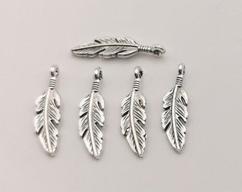 x 5 silver metal feathers 23.5 x 6.5 mm