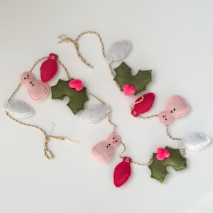 Pink Christmas Garland | Pink Holiday | Christmas Decor | Christmas Garland | Pink Snowman Holly Lights| Felt Garland | Flat Lay