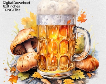 Beer Mug with Mushrooms PNG File Clipart, Octoberfest Sublimation Design Images on transparent background, Home Craft  Beer Brewer