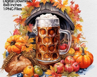 Beer Thanksgiving Fall PNG File Clipart, Octoberfest Sublimation Design Images on transparent background, Digital Illustration