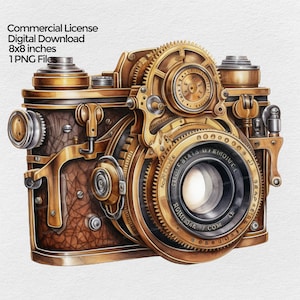 May include: A vintage-style camera with intricate gold and brown details. The camera has a large lens with a black rim and a series of gears and dials on the top. The camera is painted in a watercolour style.