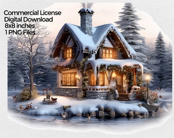 Winter Cottage House clipart, Christmas winter  house PNG file, Sublimation Clip art on transparent background