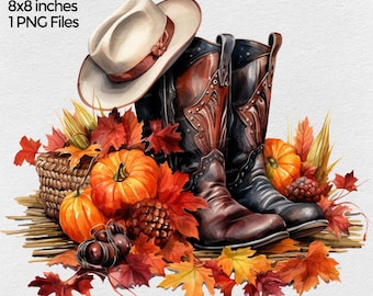 Fall Cowgirl Boots with Pumpkin & Flowers Png Clipart, Watercolor Autumn Cowboy Png Images for Sublimation design, Transparent Background