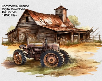 Rustic Barn with Tractor Png Image, Old Farm Barn Clipart for Sublimation , Rustic Country Print clip art with transparent background