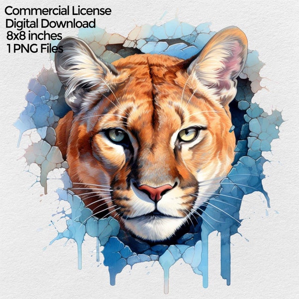 Cougar Png for Sublimation Designs, Png Image File for T Shirt & Mug design, Digital Download Print File, Cougar watercolor Clipart