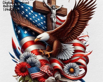 Patriotic Eagle American Flag Png for Sublimation, Christian clipart, 4th of July T shirt Design, Jesus Cross PNG Transparent Background