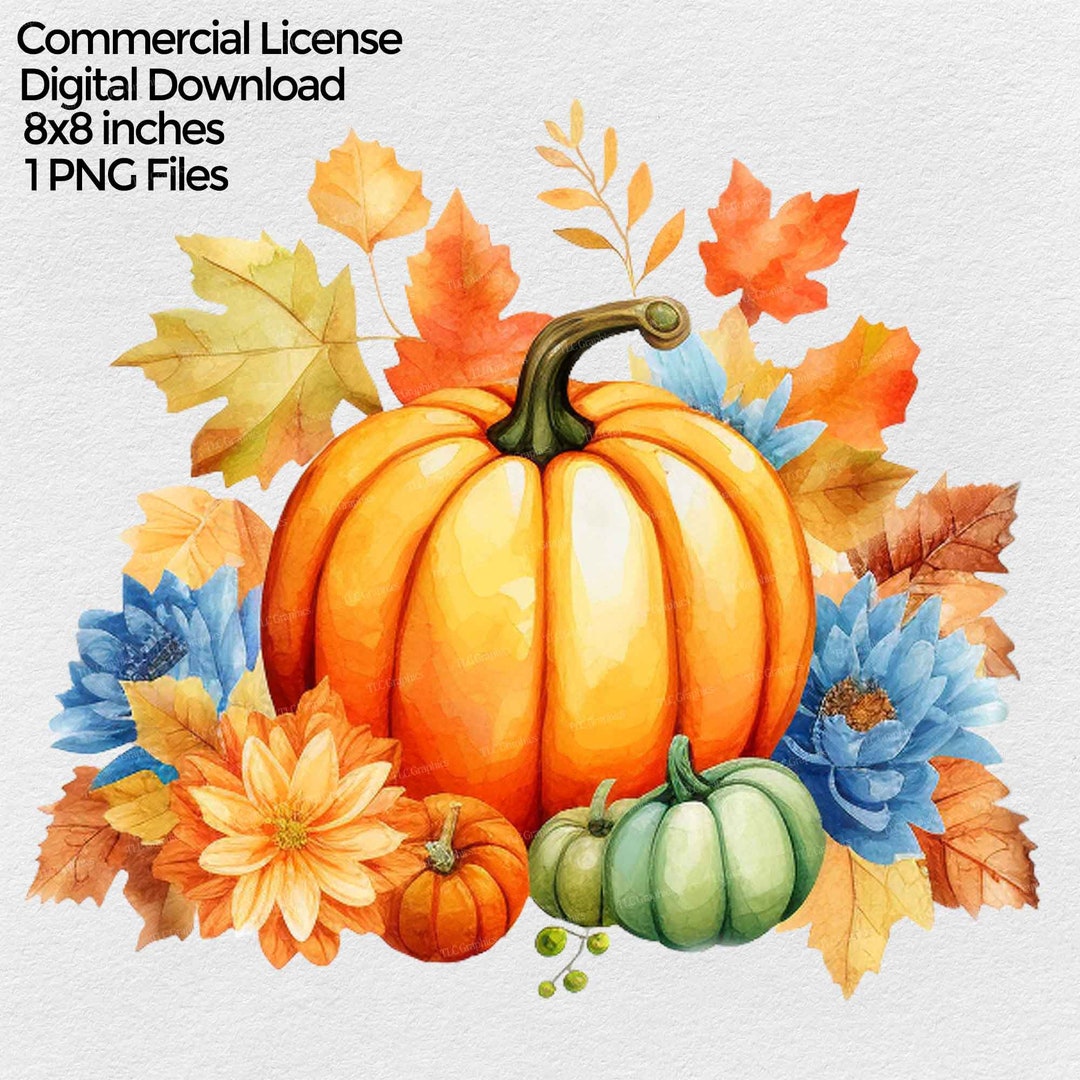 Fall Pumpkin With Leaves and Flowers Png Clipart, Autumn Floral Png ...