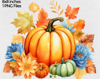 May include: A watercolour illustration of a large orange pumpkin with a stem, surrounded by autumn leaves in shades of orange, yellow, and brown. There are also three smaller pumpkins, one orange, one green, and one light green, and blue flowers.