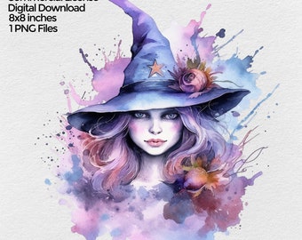 Halloween Witch Clipart, Watercolor Png, Pastel Halloween Image, Spooky Autumn Clip art, Fall Sublimation Designs, Digital Download Prite