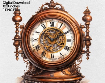 Steampunk Clock Clipart Digital Download, Png Sublimation Design, Scrapbooking & Junk journal PNG file, transparent background