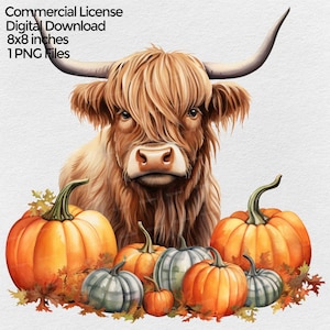 Highland Cow with Pumpkins Watercolor Png Clipart, Fall Png Image for Sublimation designs with transparent background