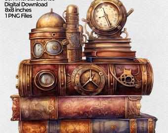 Steampunk Books Clipart Digital Download, Png Sublimation Design, Scrapbooking & Junk journal Book Lover PNG file, transparent background