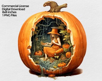 Halloween Witch with Pumpkins clip art, Halloween Clipart png files, Pumpkin Witch Image on transparent background, commercial License