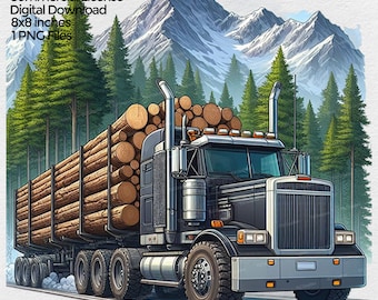 Logging Truck Png for Sublimation, Logger truck in Forest clipart, Logger mountains T shirt Design,  Lumberjack Image Transparent Background