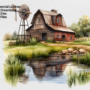 May include: Watercolor painting of a red barn with a windmill in front of it. The barn has a wooden siding and a red roof. The windmill is made of metal and has a wooden blade. There is a pond in front of the barn with green grass and trees in the background.
