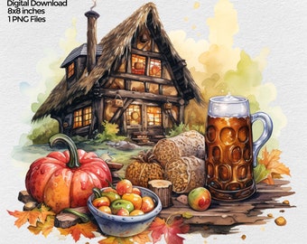 Thanksgiving Cabin With Beer Fall PNG File Clipart, Octoberfest Sublimation Design Image on transparent background, Digital Illustration