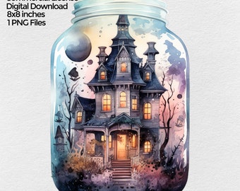 Haunted House in Jar Clipart, Watercolor Halloween Png Image, Spooky Autumn Halloween Clip art, Fall Sublimation Designs Digital Download