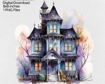 Haunted House Clipart, Watercolor Png, Pastel Halloween Image, Spooky Autumn Halloween Clip art, Fall Sublimation Designs Digital Download