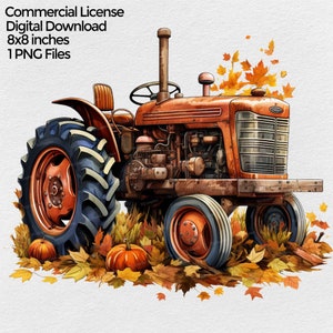 May include: A red vintage tractor with a rusty patina, surrounded by autumn leaves. The tractor has large black tires and a detailed engine. The leaves are in shades of orange, yellow, and brown.
