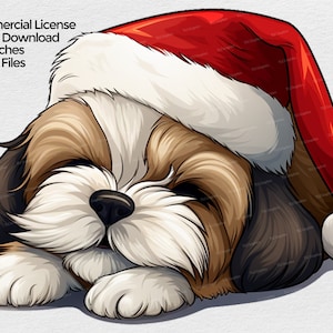 Chiot shih tzu endormi avec des cliparts bonnet de noel, fichier PNG de Noël chien shih tzu, clipart sublimation mug sur fond transparent