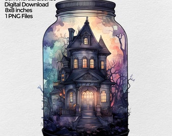 Haunted House in Jar Clipart, Watercolor Halloween Png Image, Spooky Autumn Halloween Clip art, Fall Sublimation Designs Digital Download