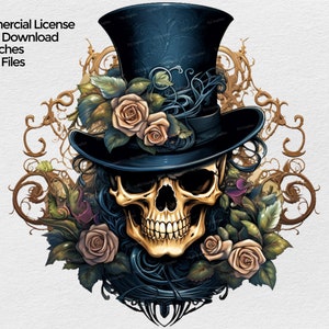 Skull with Roses and Top Hat clipart, PNG file for Sublimation, Clip art on Transparent Background