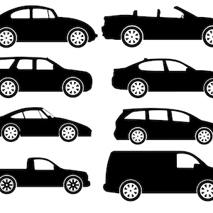 May include: A collection of eight black silhouette illustrations of different types of vehicles, including a classic car, a convertible, a sedan, a station wagon, a sports car, a minivan, a pickup truck, and a van.