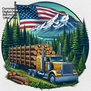 Camion forestier américain avec drapeau américain Png pour sublimation, clipart patriotique de camion bûcheron, t-shirt USA bûcheron Design fond Transparent