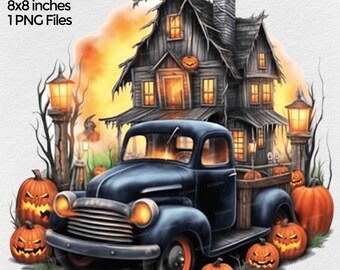 Halloween Spukhaus mit alten LKW Png Clipart, Kürbis LKW Png Bild, Herbst Halloween Clip Art, Herbst Sublimation Designs