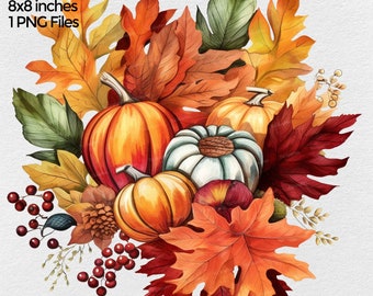 May include: A watercolour painting of a fall harvest scene with pumpkins and autumn leaves. The pumpkins are orange and yellow, and the leaves are red, orange, yellow, and green. There are also some small berries and pine cones in the image.