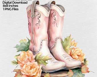 Fall Cowgirl Boots with Pumpkin & Flowers Png Clipart, Pastel Watercolor Clipart, Digital Autumn Cowboy Png Images for Sublimation design,