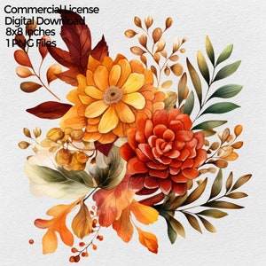 Fall Flowers & Leaves Png Clipart, Autumn Floral Png Images for Sublimation designs with transparent background, Digital download