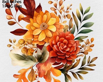 Fall Flowers & Leaves Png Clipart, Autumn Floral Png Images for Sublimation designs with transparent background, Digital download