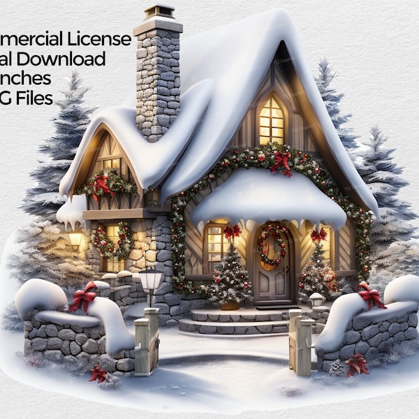 Christmas Winter Cottage House clipart, Christmas house PNG file, Sublimation Clip art on transparent background