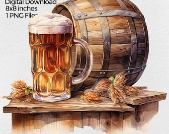 Beer with Keg PNG File Clipart, Octoberfest Sublimation Design Images on transparent background, Home Beer Brewer Digital Illustration
