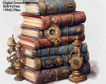 Steampunk Books Clipart Digital Download, Png Sublimation Design, Scrapbooking & Junk journal Book Lover PNG file, transparent background