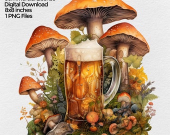 Beer Mug with Mushrooms PNG File Clipart, Octoberfest Sublimation Design Images, transparent background, Home Craft Beer Brewer Illustration