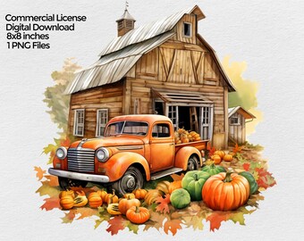 Granero rústico de otoño con camión de calabaza Imagen Png, imágenes prediseñadas de granero de granja de otoño para sublimación, impresión de otoño rústico con fondo transparente