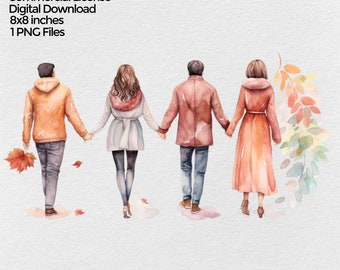 Watercolor People Holding Hands while Walking Sublimation Png Design, Fall Clipart, Autumn PNG file, Clip art on transparent background