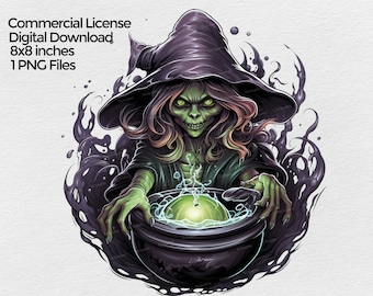 Spooky Witch clipart, Halloween Witch with cauldron PNG file, Sublimation Clip art on transparent background