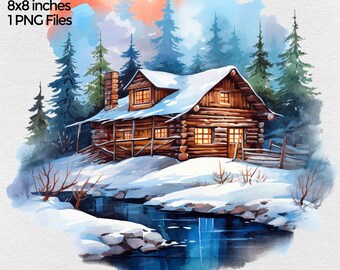 Christmas Winter Log Cabin clipart, Christmas Cabin PNG file, Sublimation Clip art on transparent background, Digital Download Illustration